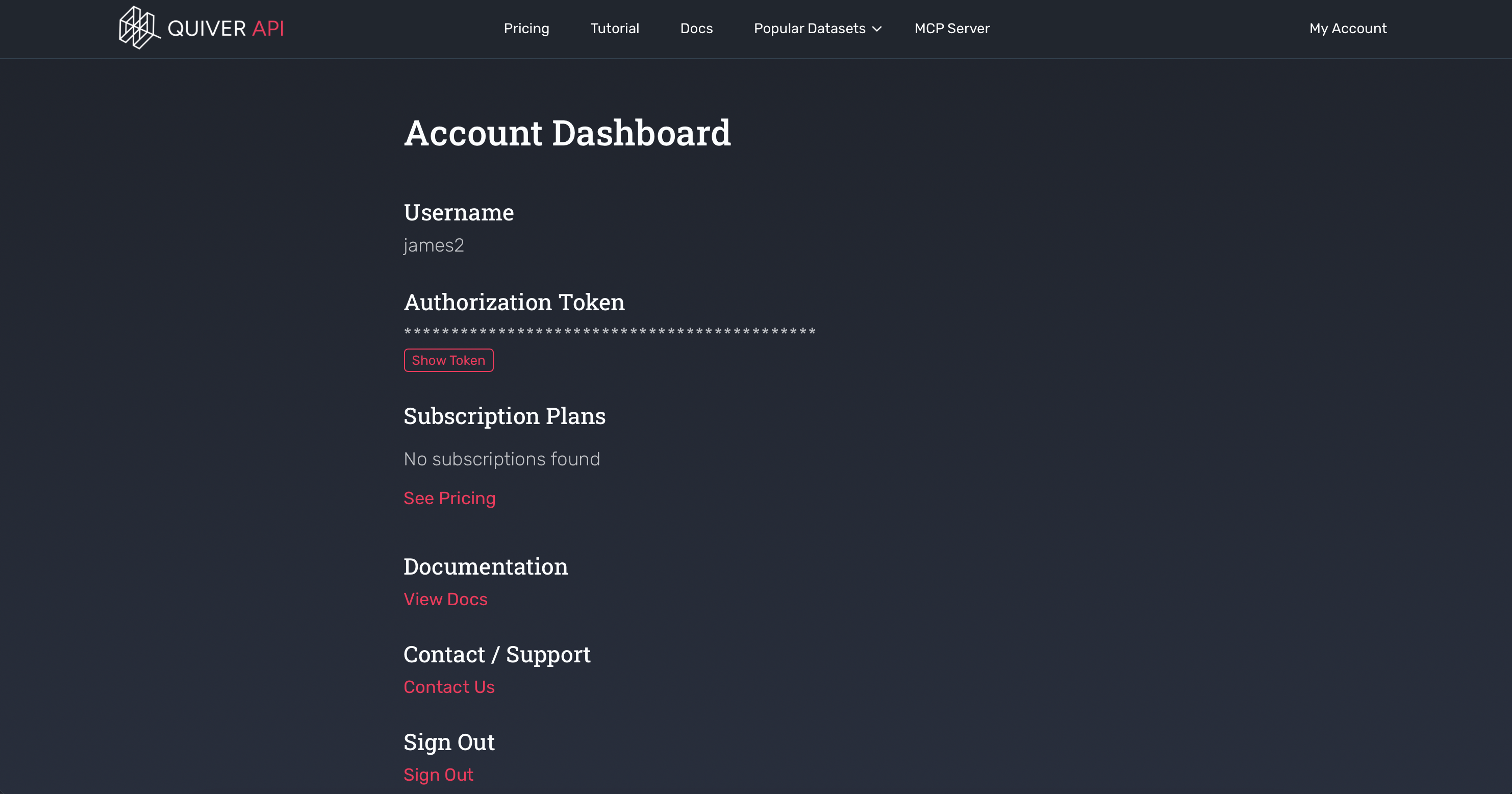 the Quiver dashboard's Settings — API Access page, with the API key field visible (redact the actual key)